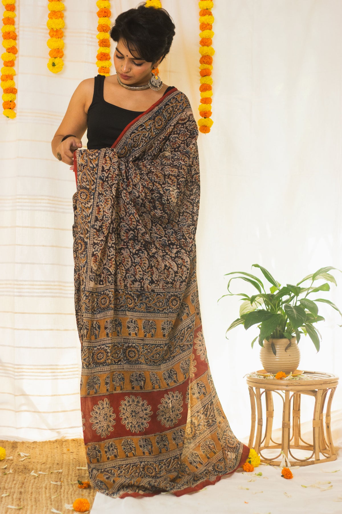 Mul Cotton Block Printed Saree Kalamkari Moonlit Florals-6
