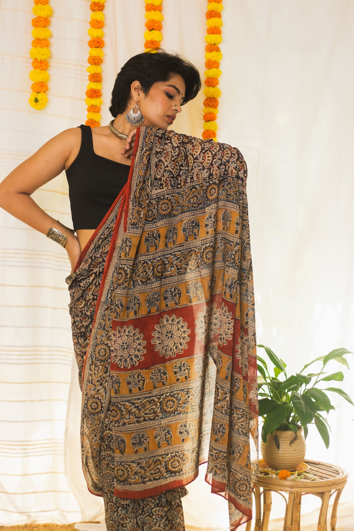 Mul Cotton Block Printed Saree Kalamkari Moonlit Florals-5