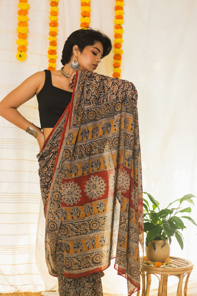 Mul Cotton Block Printed Saree Kalamkari Moonlit Florals-5