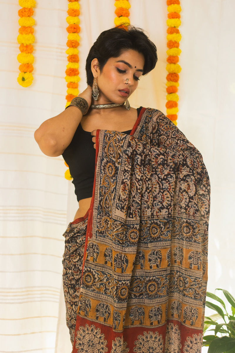 Mul Cotton Block Printed Saree Kalamkari Moonlit Florals-4