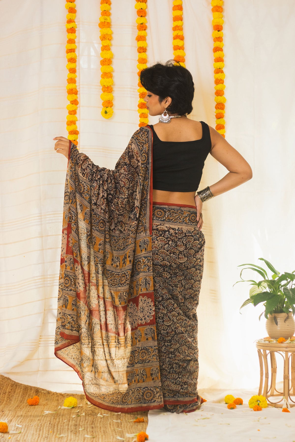 Mul Cotton Block Printed Saree Kalamkari Moonlit Florals-3