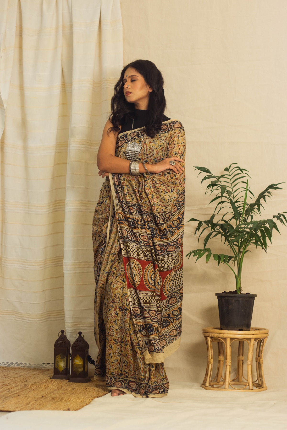 Mul Cotton Block Printed Saree • Kalamkari Yellow Peacock