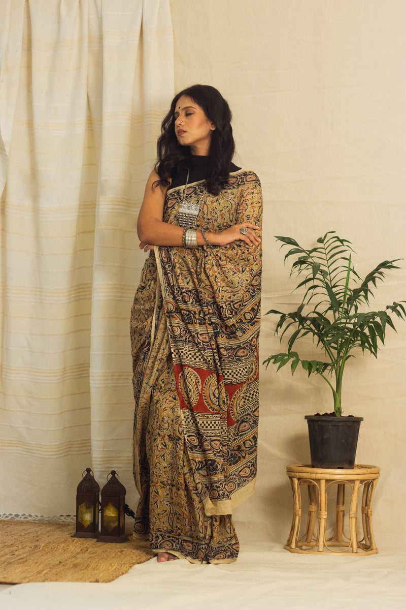 Mul Cotton Block Printed Saree • Kalamkari Yellow Peacock-1