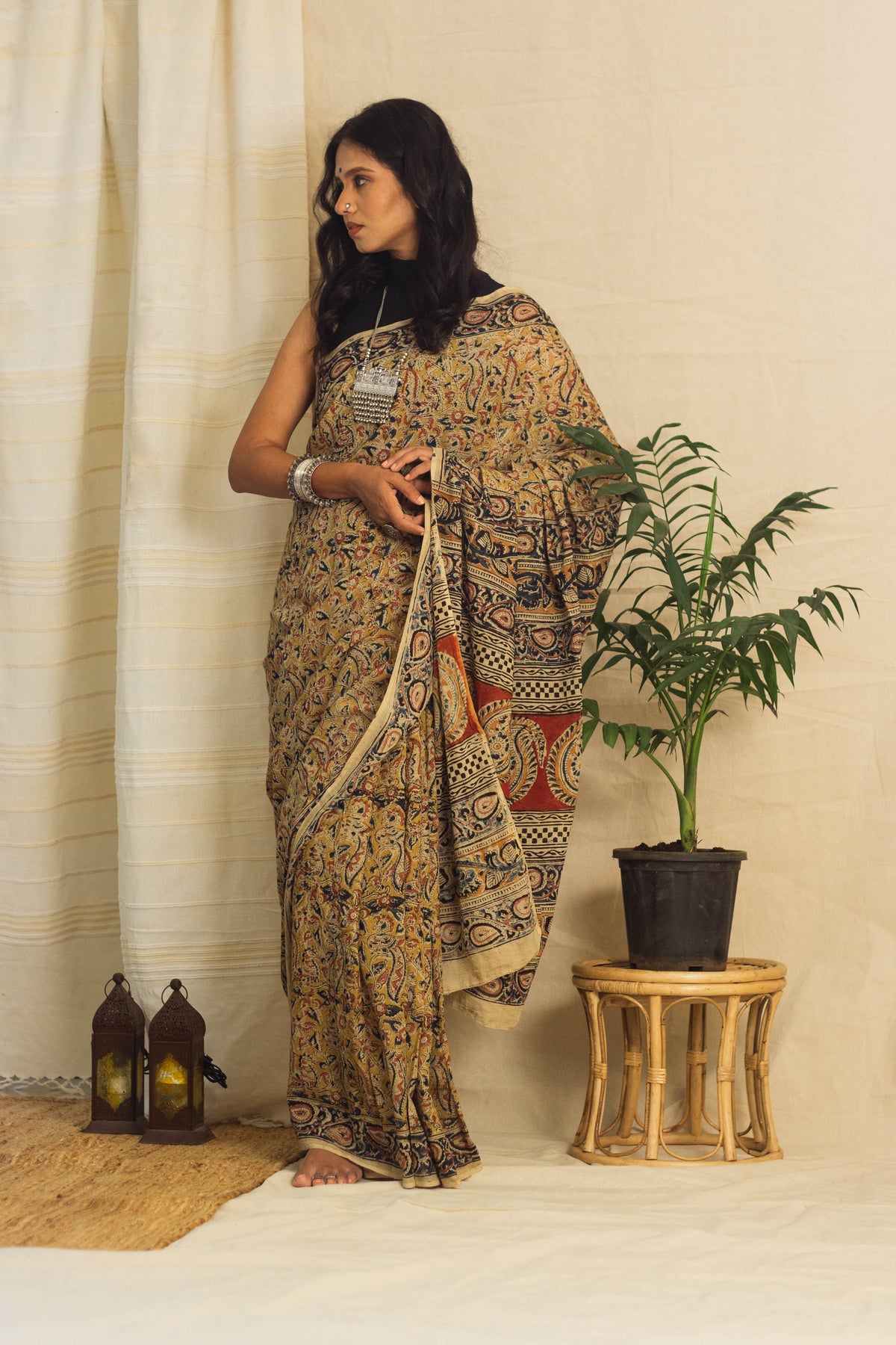 Mul Cotton Block Printed Saree • Kalamkari Yellow Peacock-2