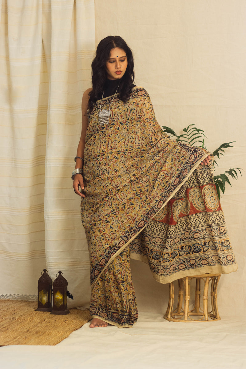 Mul Cotton Block Printed Saree • Kalamkari Yellow Peacock-3