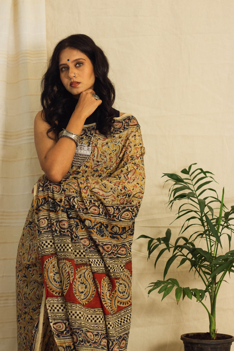 Mul Cotton Block Printed Saree • Kalamkari Yellow Peacock-4