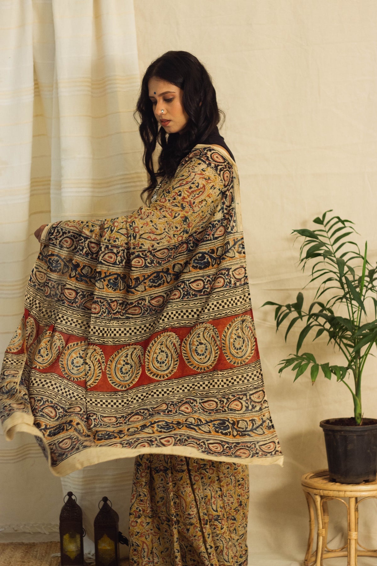 Mul Cotton Block Printed Saree • Kalamkari Yellow Peacock-5