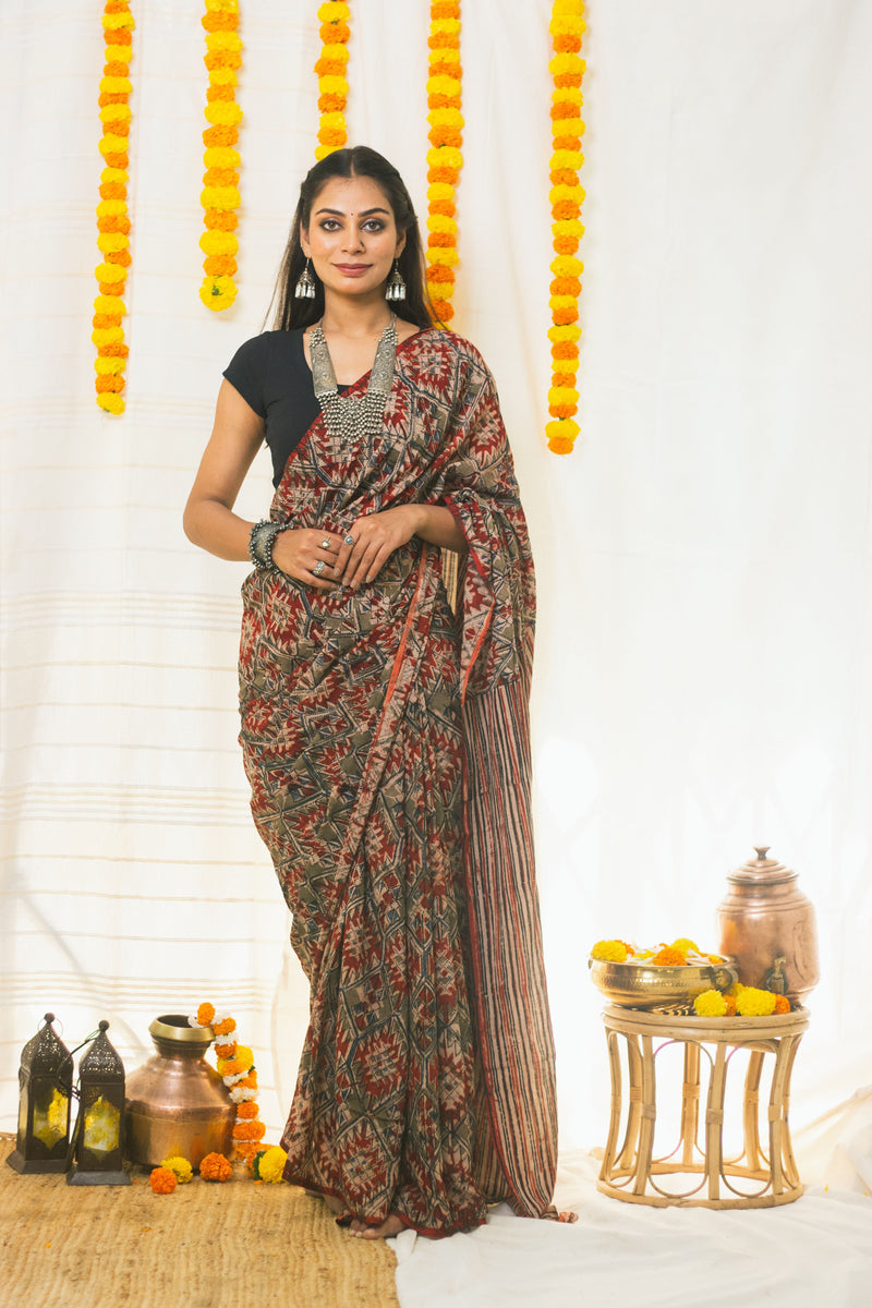 Mul Cotton Block Printed Saree Kalamkari Aztec-4