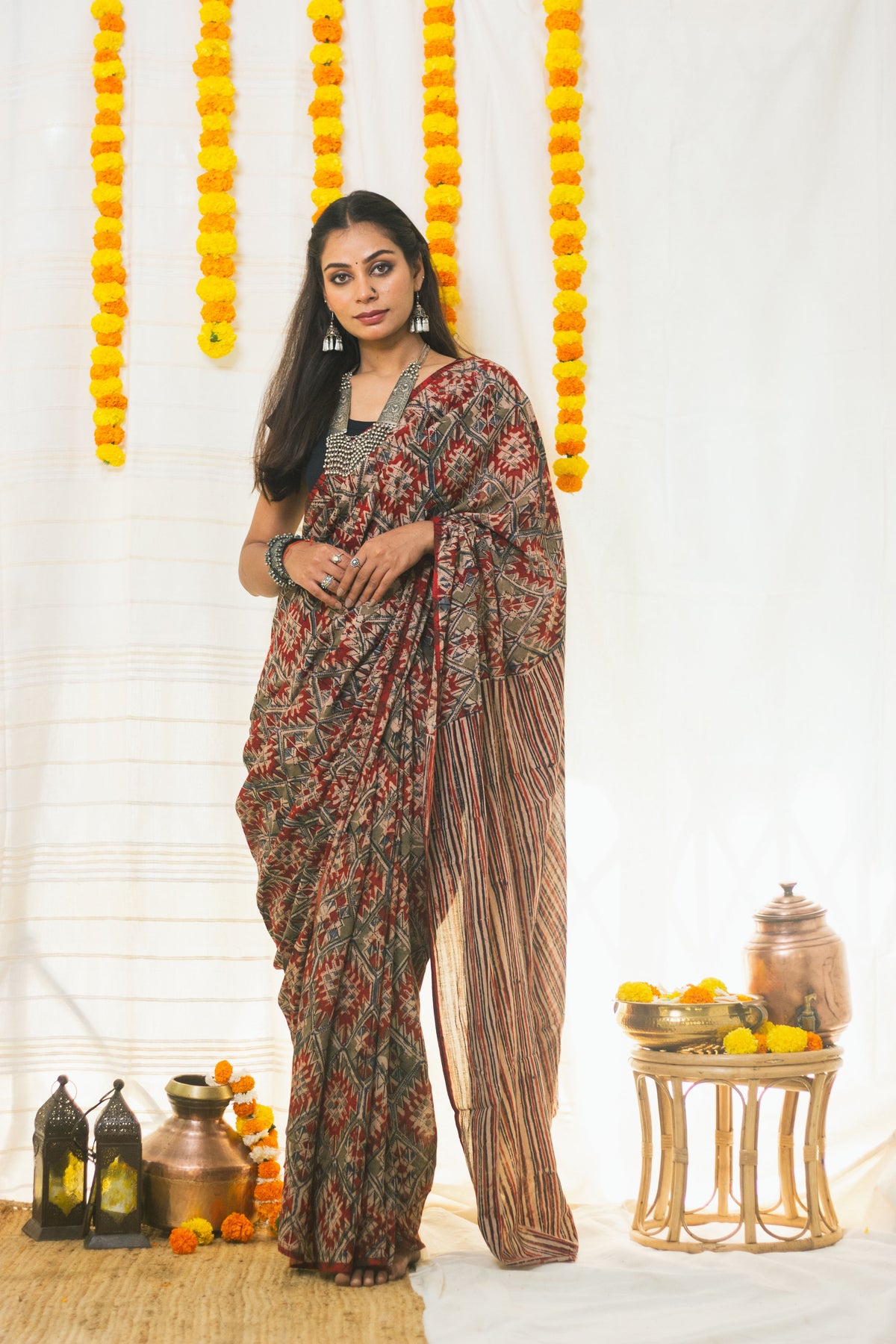 Mul Cotton Block Printed Saree Kalamkari Aztec-3
