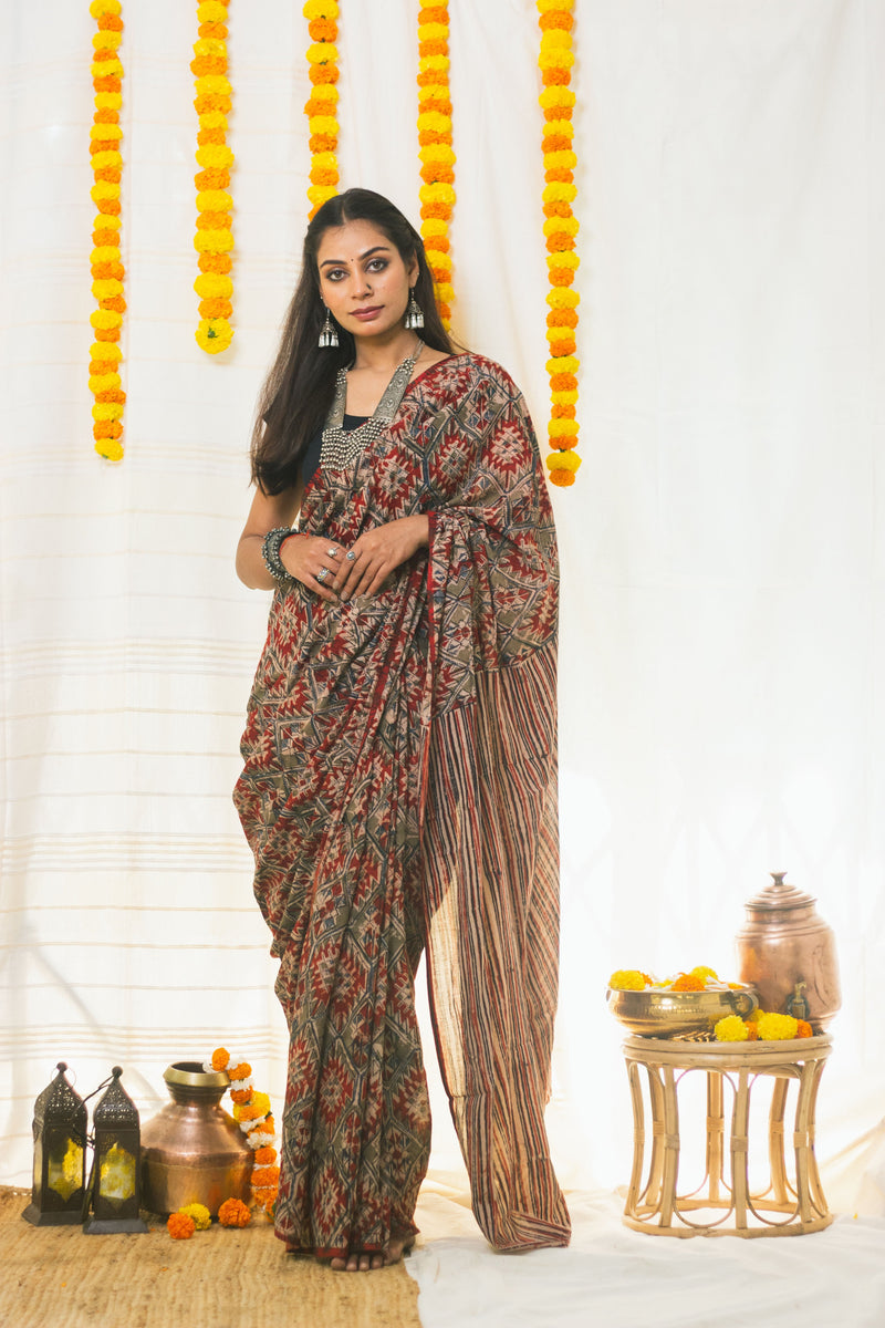 Mul Cotton Block Printed Saree Kalamkari Aztec-3