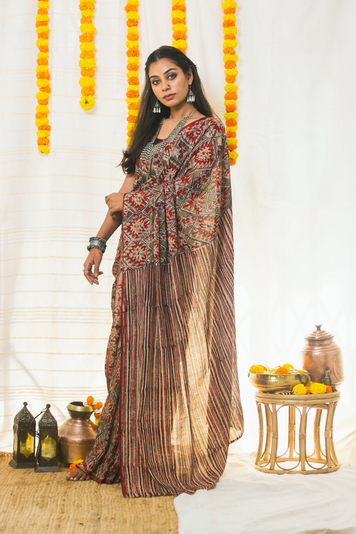 Mul Cotton Block Printed Saree Kalamkari Aztec-8
