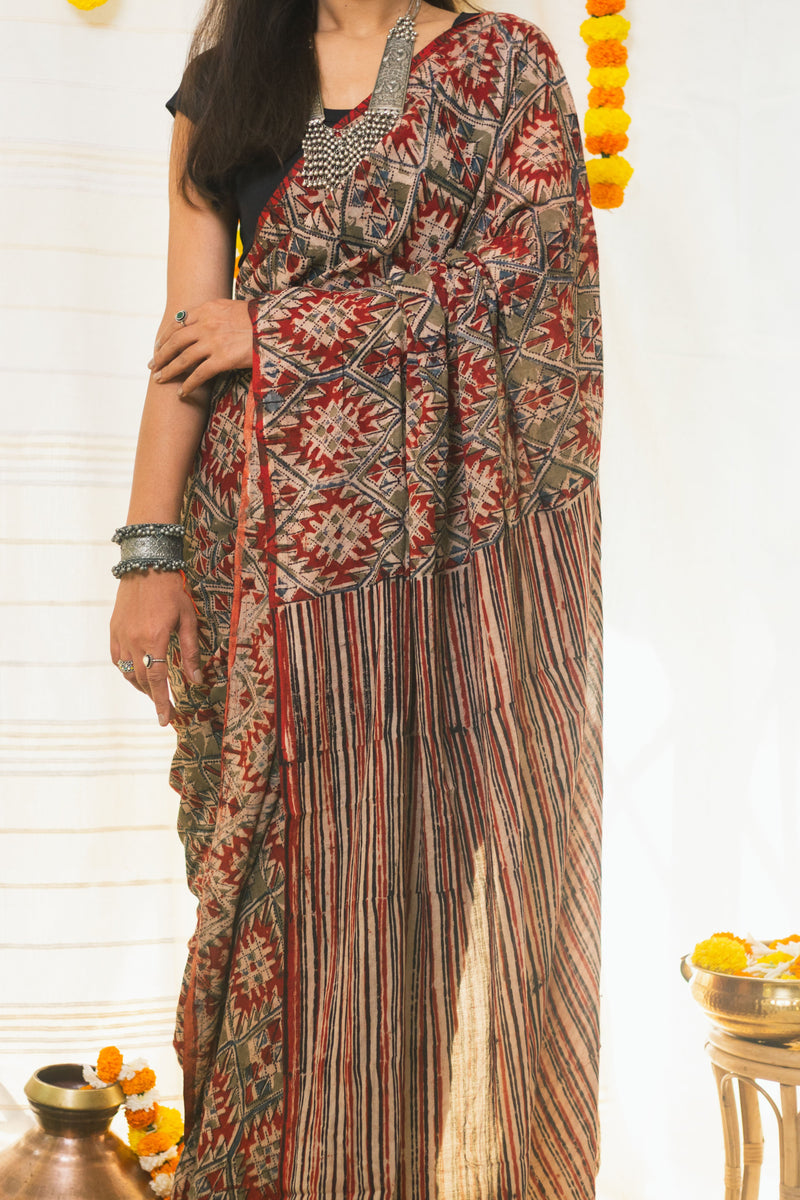 Mul Cotton Block Printed Saree Kalamkari Aztec-7