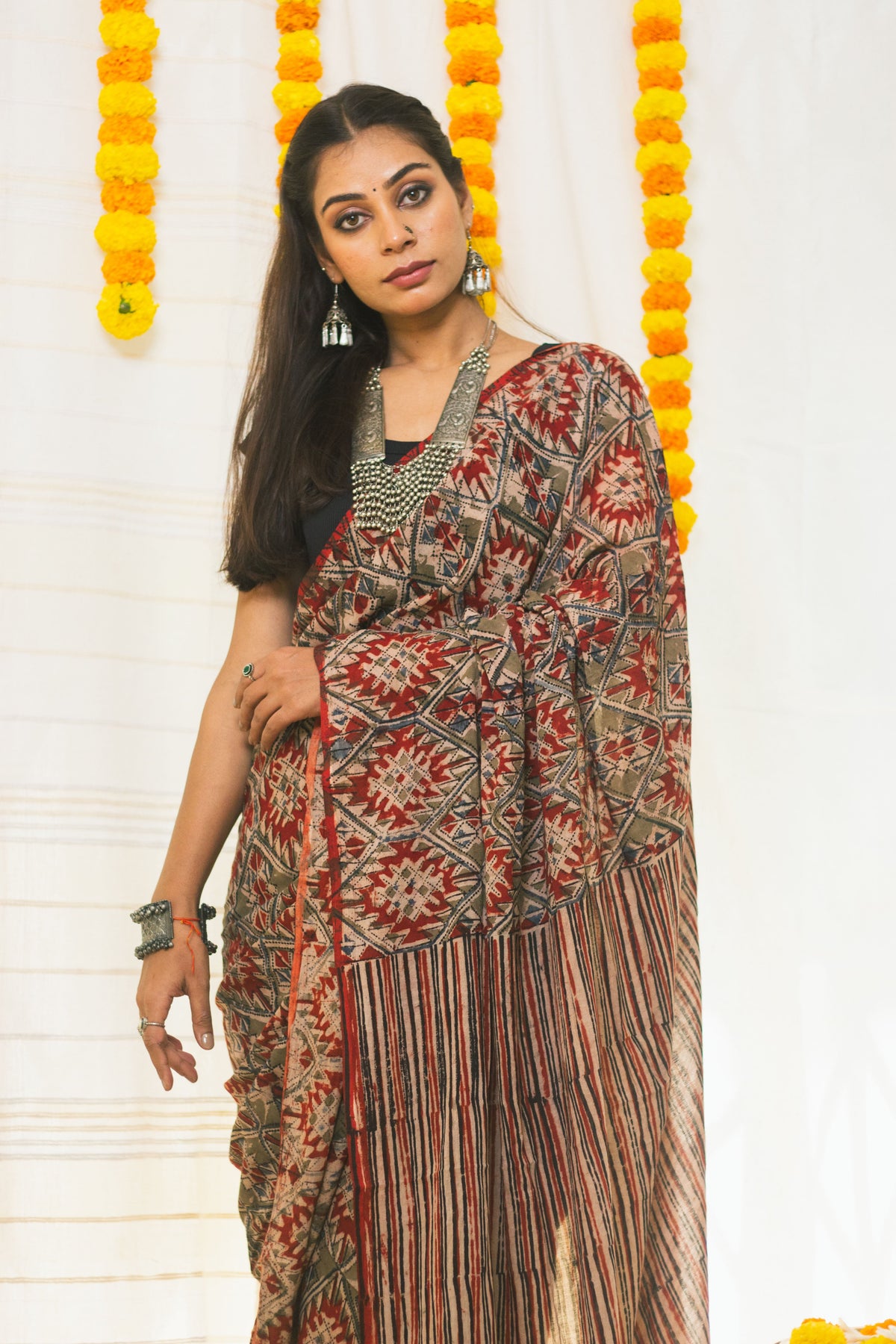 Mul Cotton Block Printed Saree Kalamkari Aztec-6