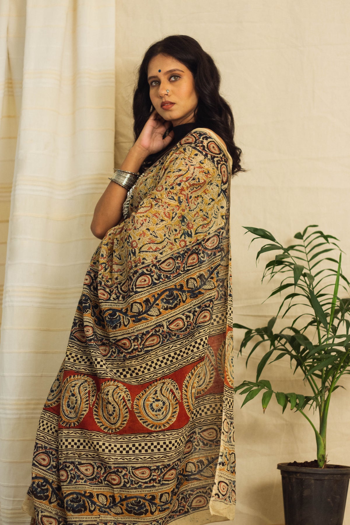 Mul Cotton Block Printed Saree • Kalamkari Yellow Peacock-6