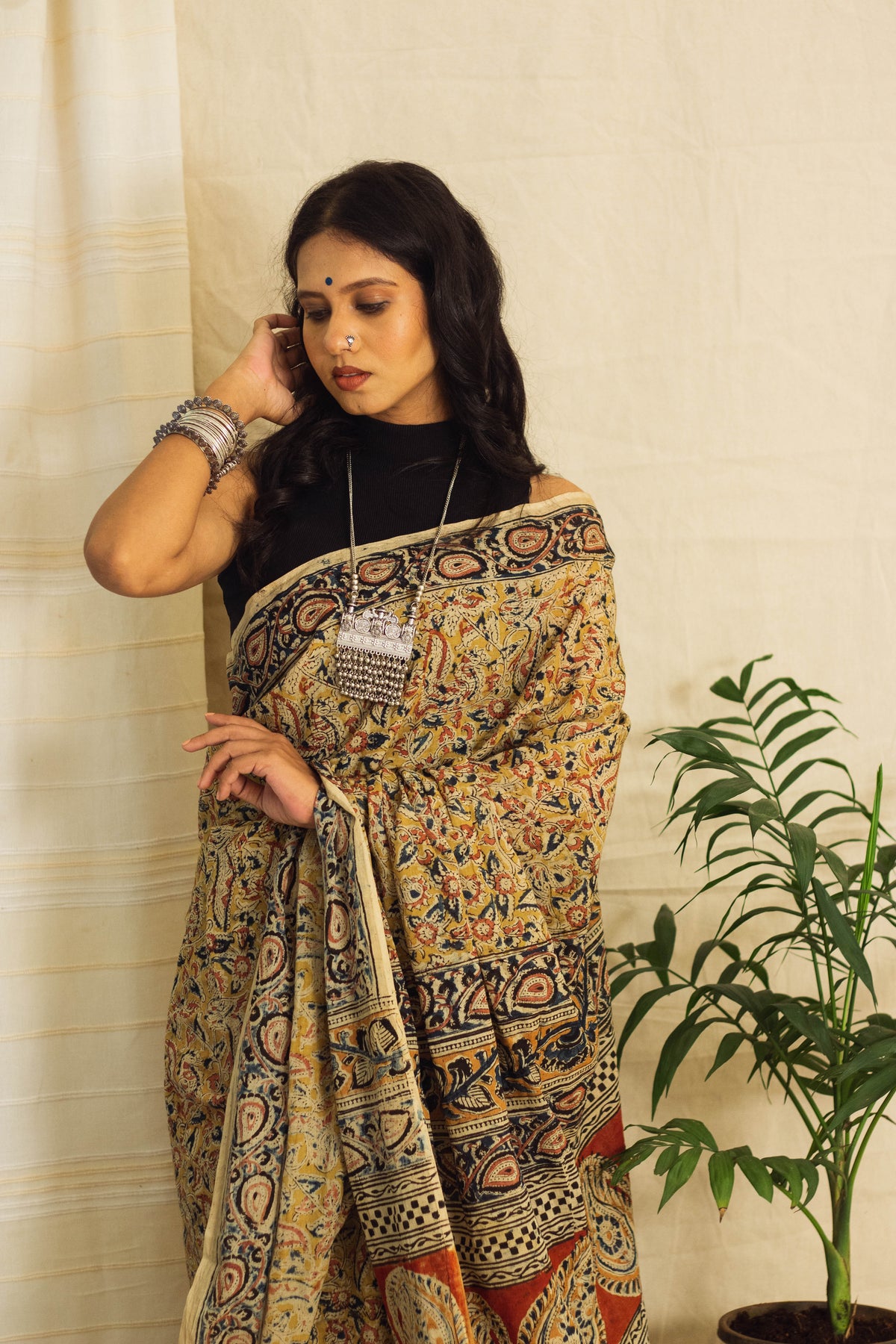 Mul Cotton Block Printed Saree • Kalamkari Yellow Peacock-7