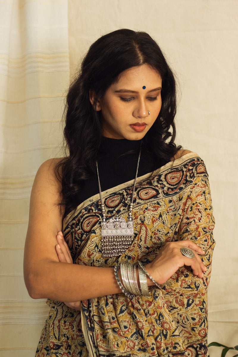 Mul Cotton Block Printed Saree • Kalamkari Yellow Peacock-8