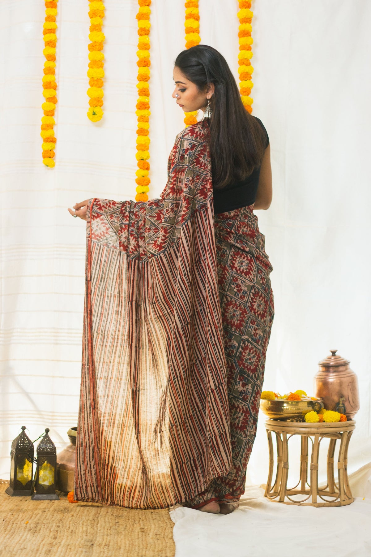 Mul Cotton Block Printed Saree Kalamkari Aztec-5
