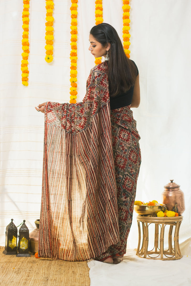 Mul Cotton Block Printed Saree Kalamkari Aztec-5