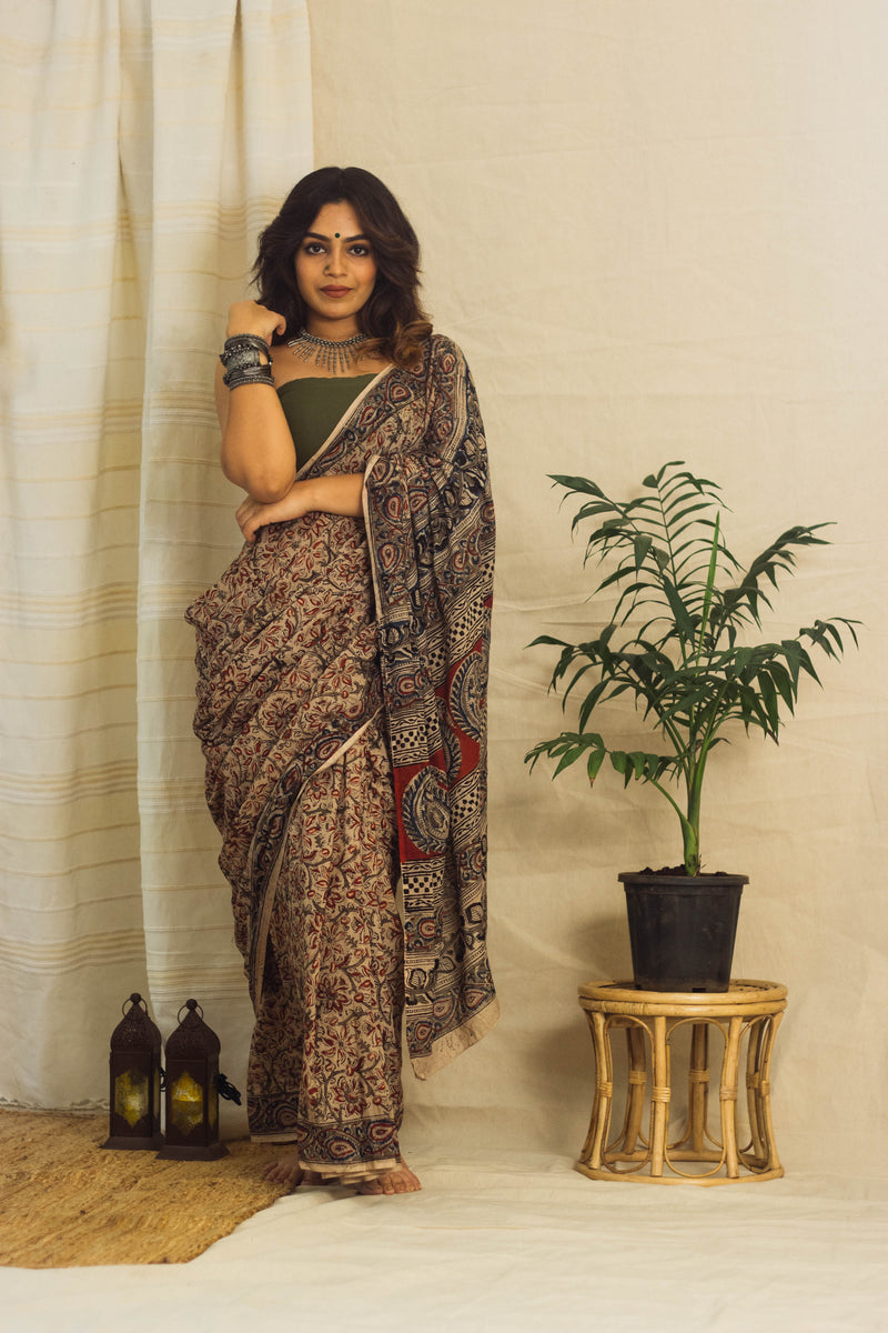 Mul Cotton Block Printed Saree • Kalamkari Beige Jaal-1