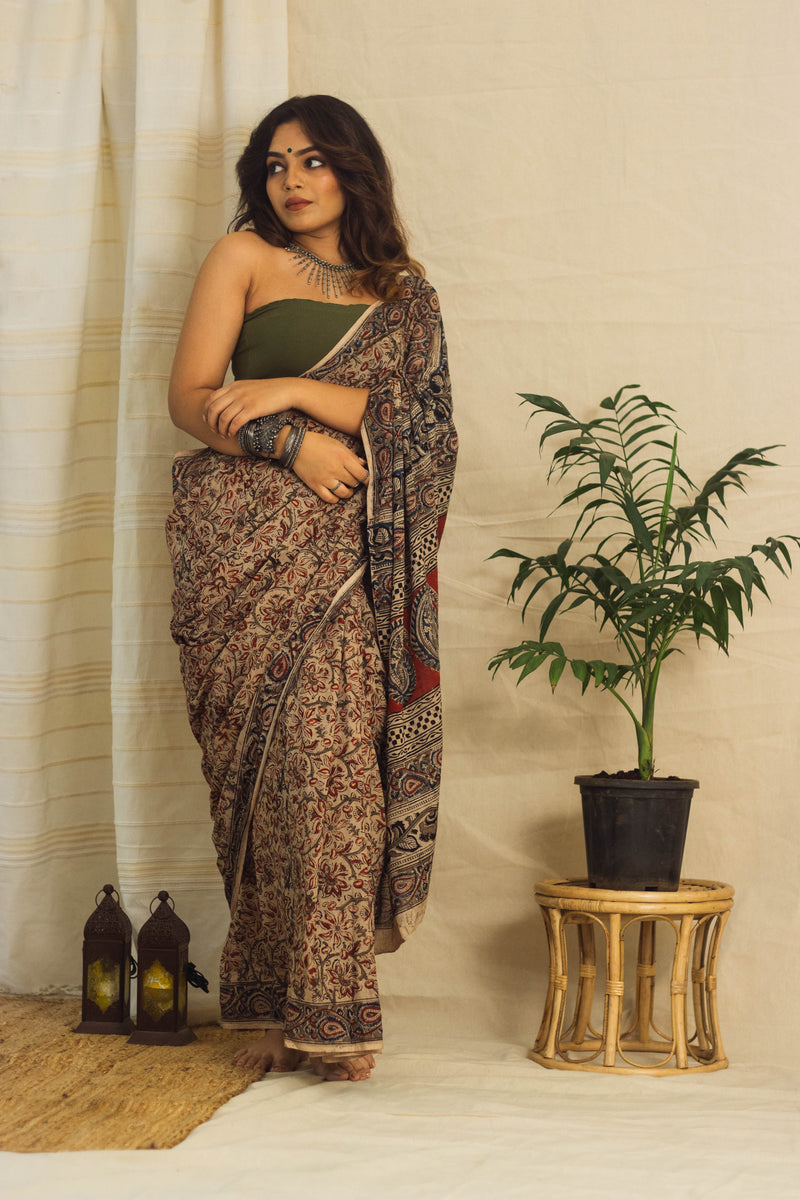 Mul Cotton Block Printed Saree • Kalamkari Beige Jaal-2