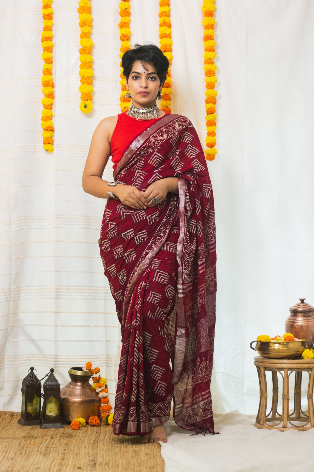Linen Cotton Bagru Saree Crimson Chevron-4