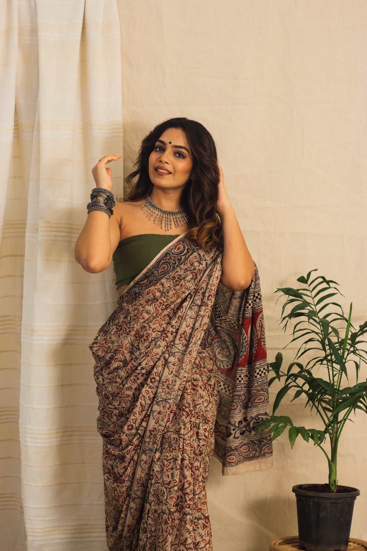 Mul Cotton Block Printed Saree • Kalamkari Beige Jaal-3