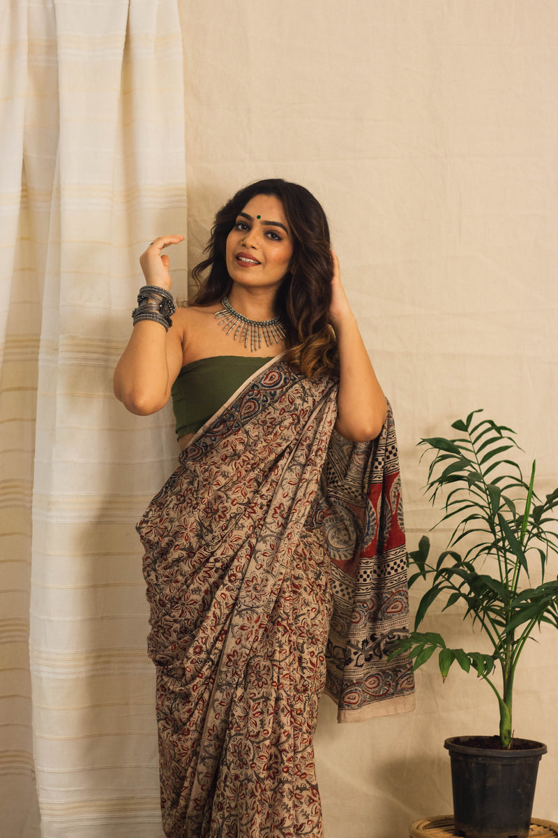 Mul Cotton Block Printed Saree • Kalamkari Beige Jaal-3