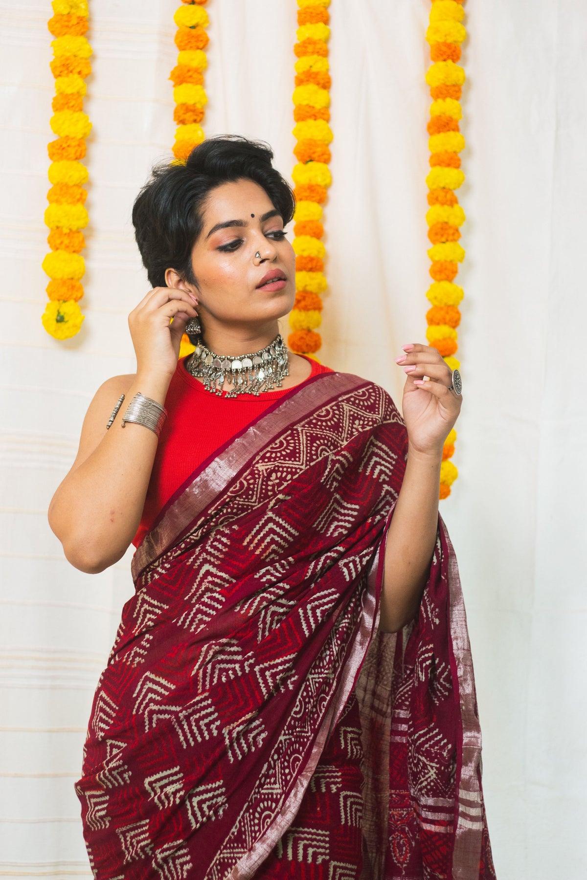 Linen Cotton Bagru Saree Crimson Chevron-5