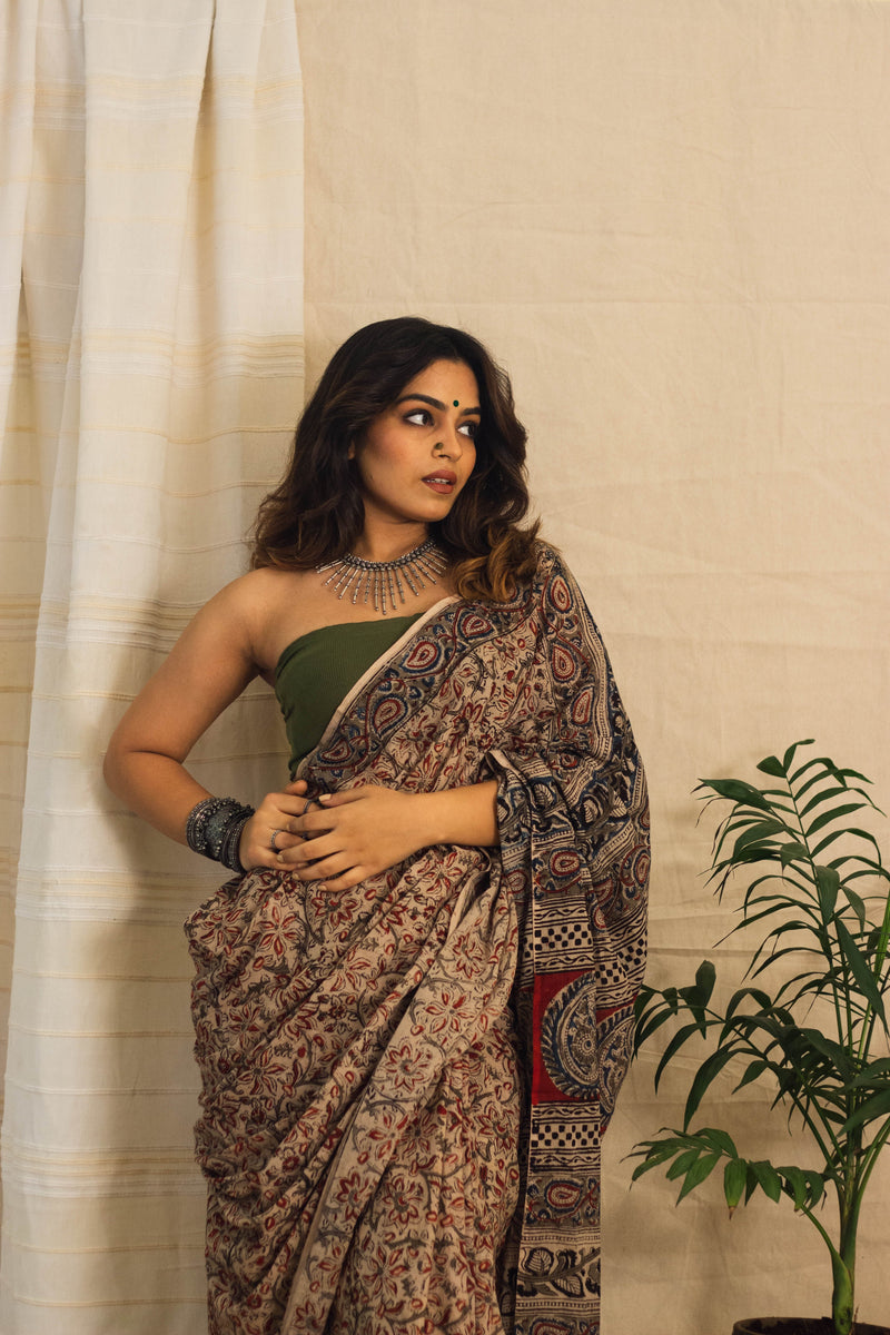Mul Cotton Block Printed Saree • Kalamkari Beige Jaal-4