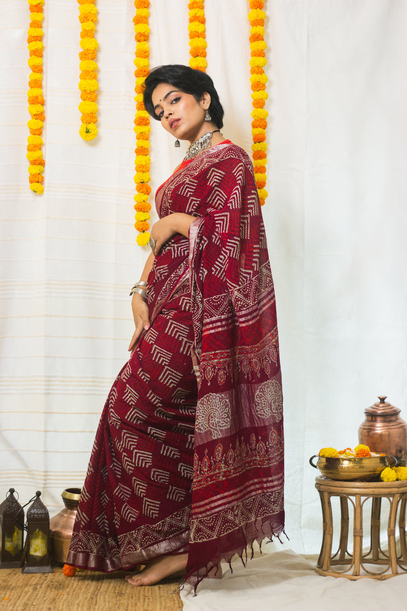 Linen Cotton Bagru Saree Crimson Chevron-6