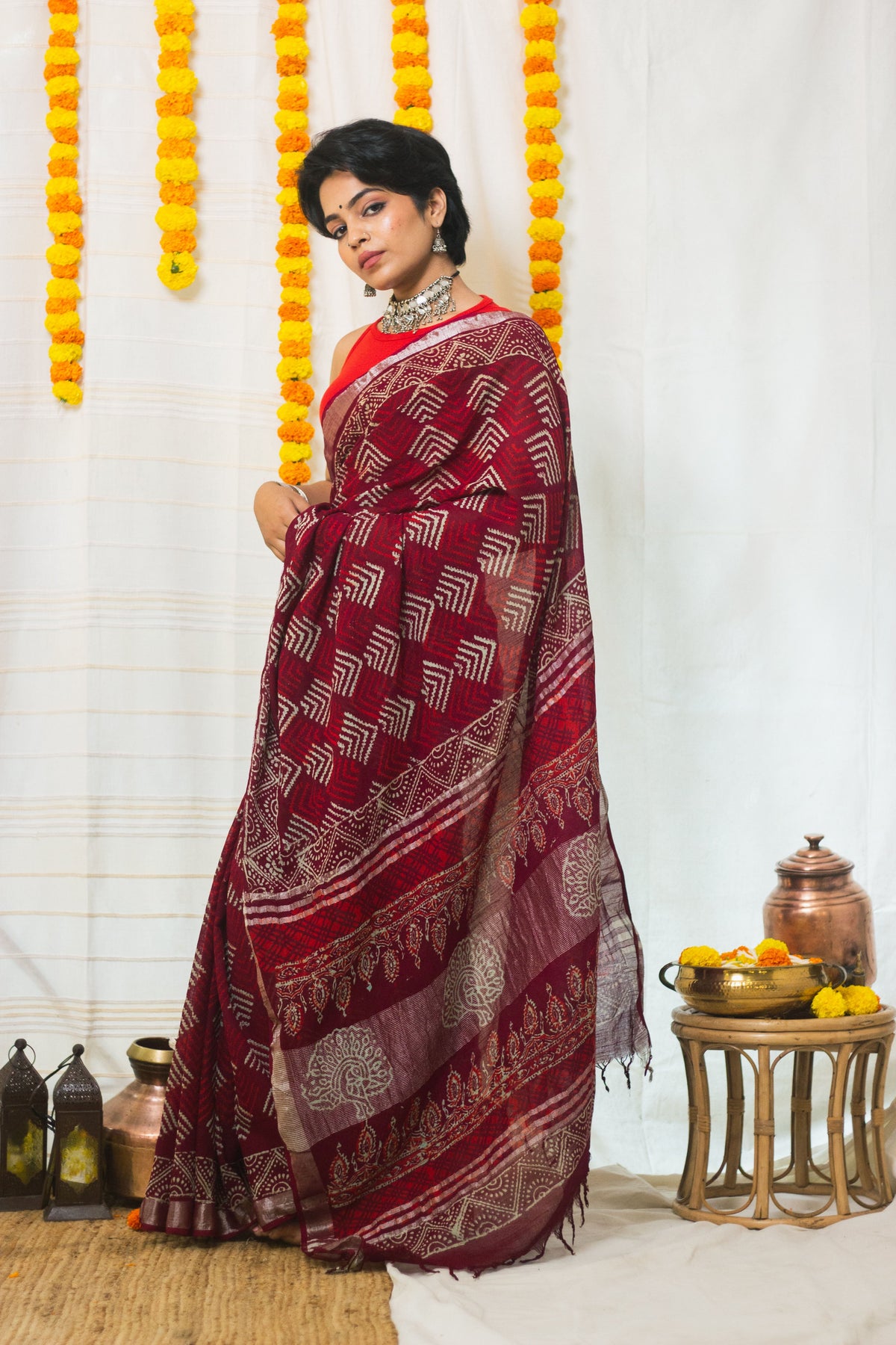 Linen Cotton Bagru Saree Crimson Chevron