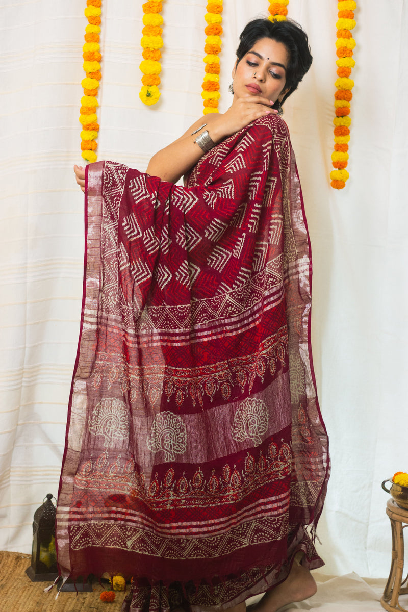 Linen Cotton Bagru Saree Crimson Chevron-7