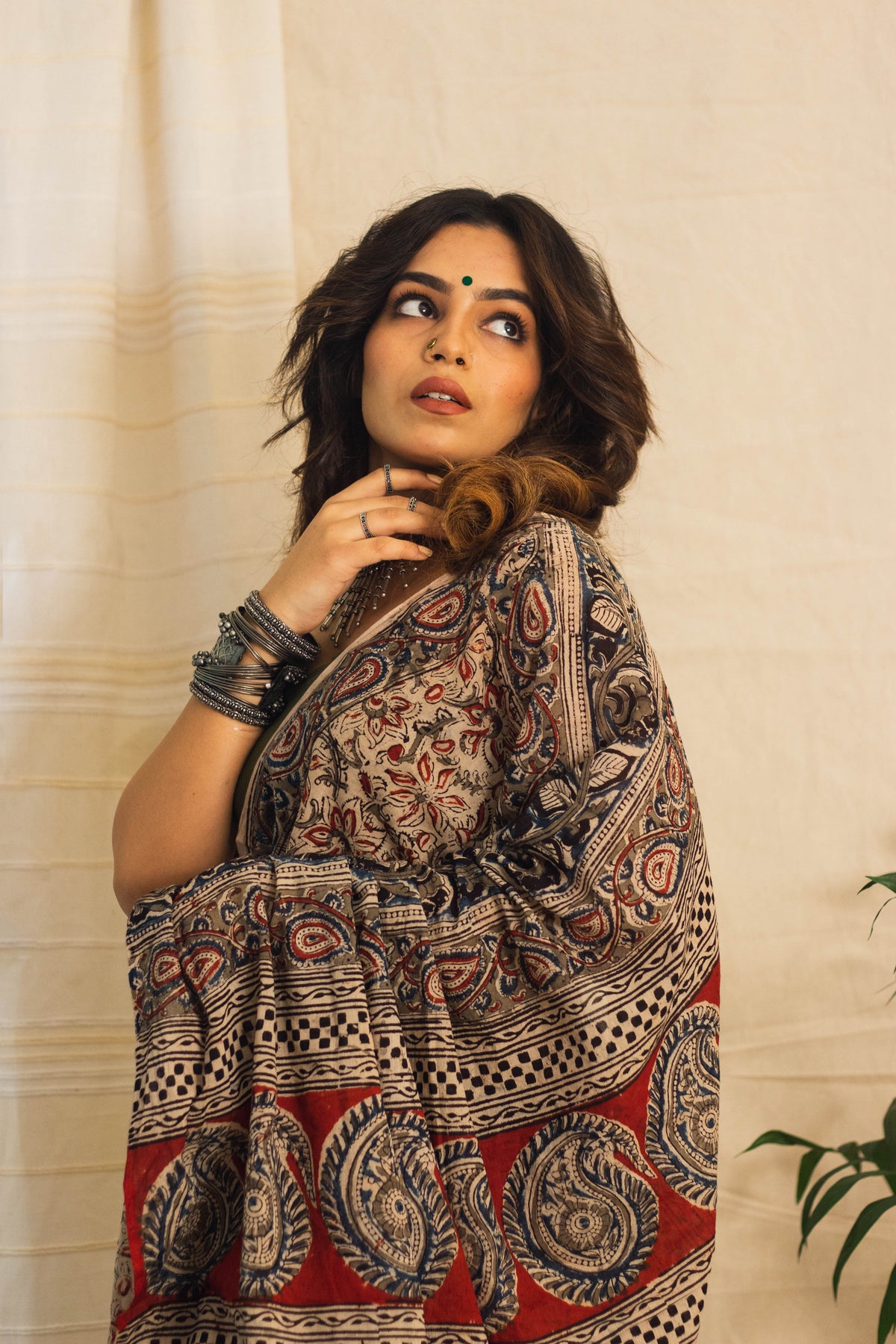 Mul Cotton Block Printed Saree • Kalamkari Beige Jaal-5