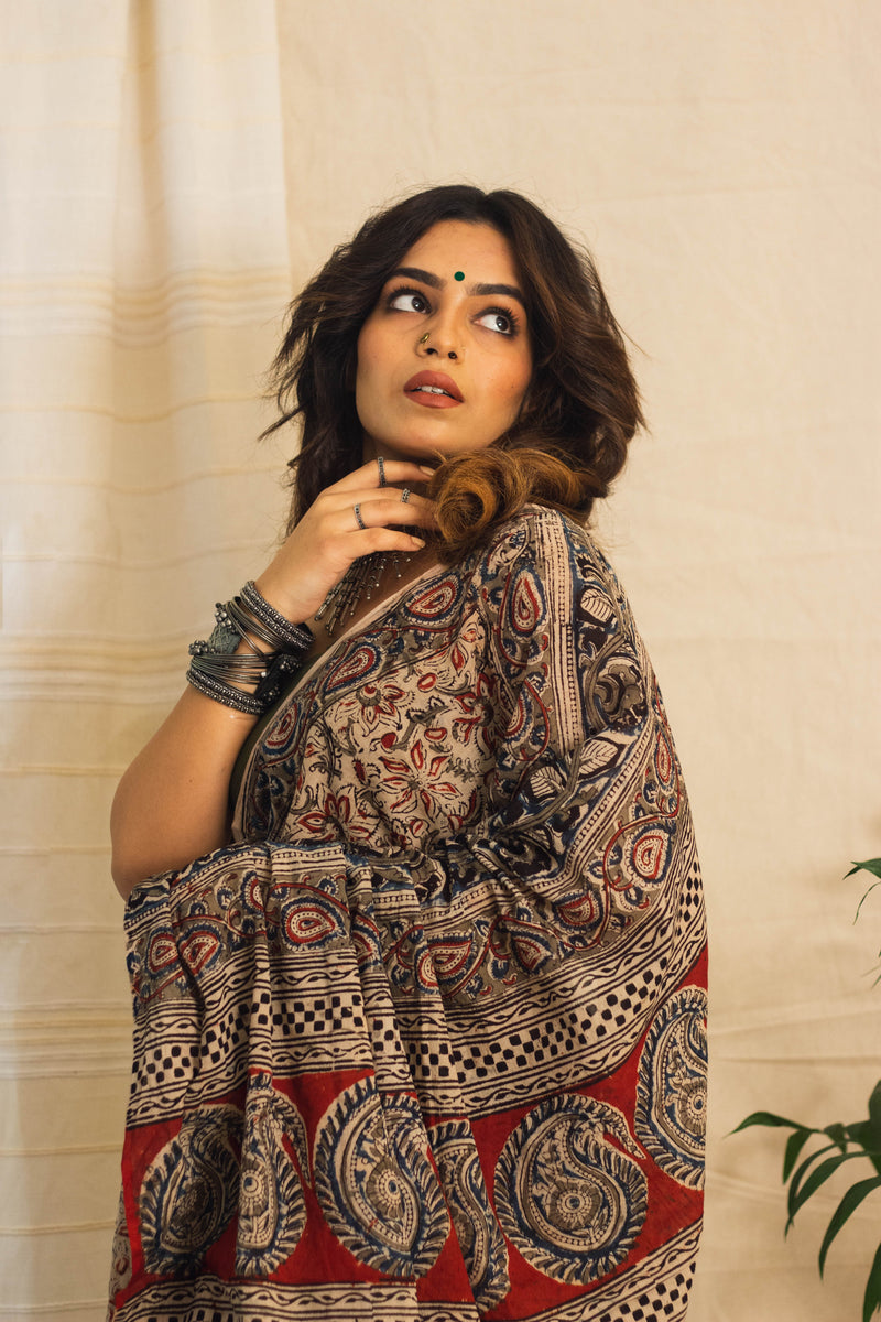 Mul Cotton Block Printed Saree • Kalamkari Beige Jaal-5