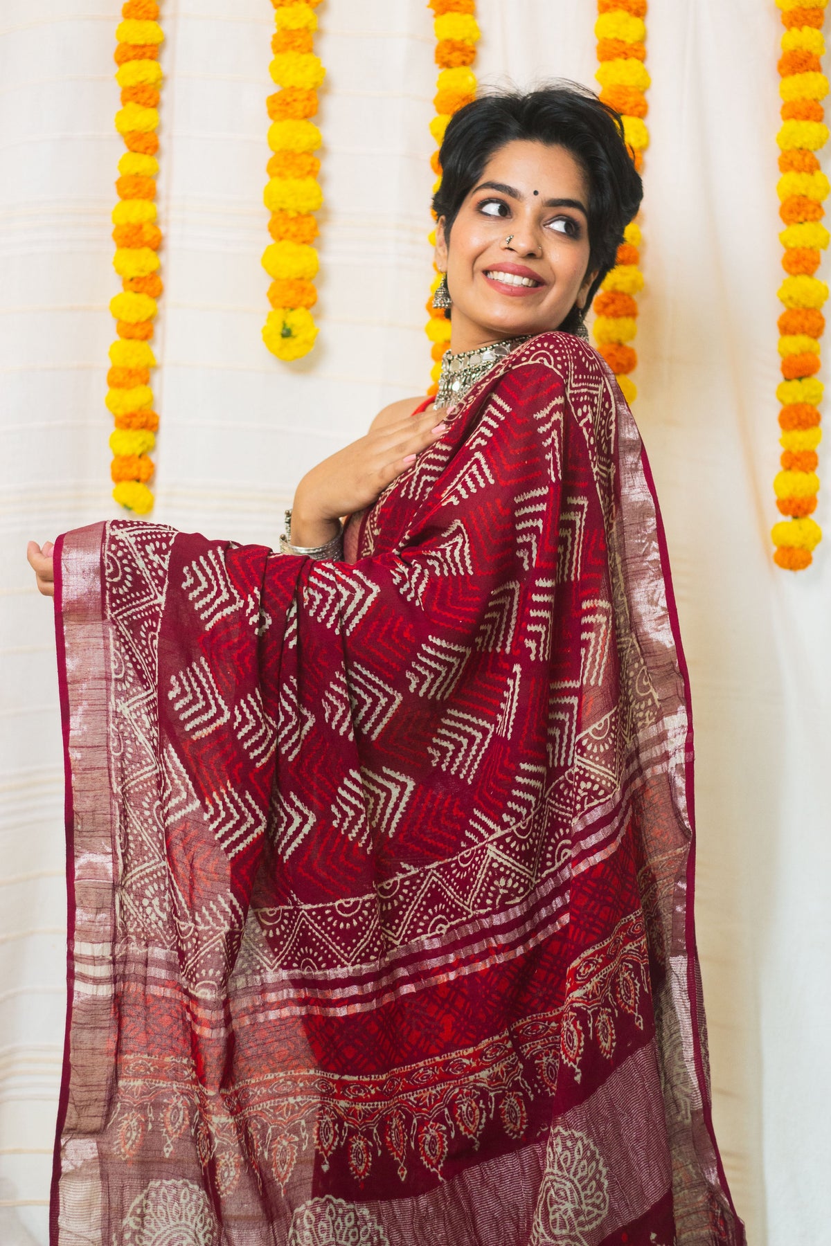 Linen Cotton Bagru Saree Crimson Chevron-2