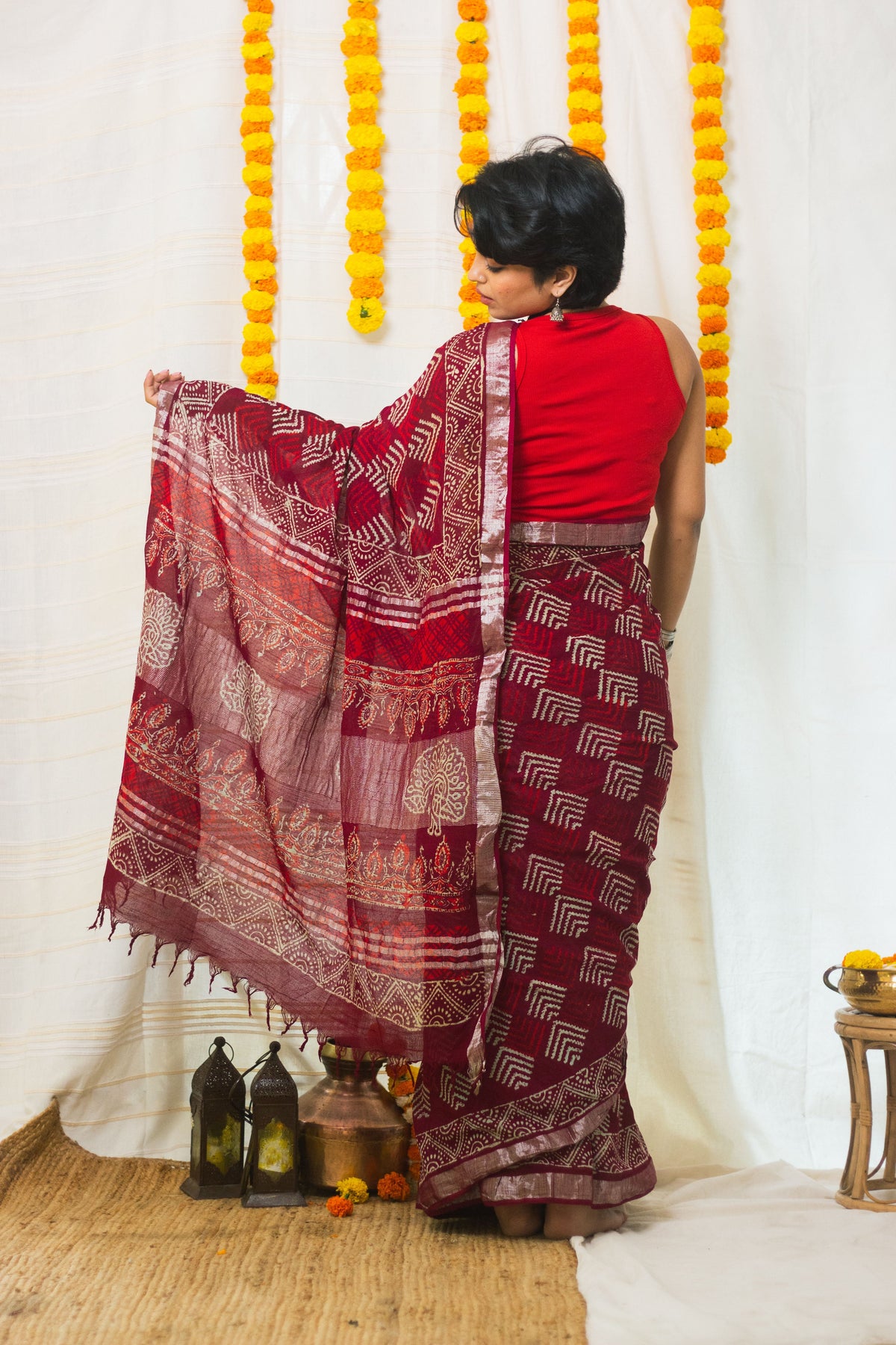 Linen Cotton Bagru Saree Crimson Chevron-8
