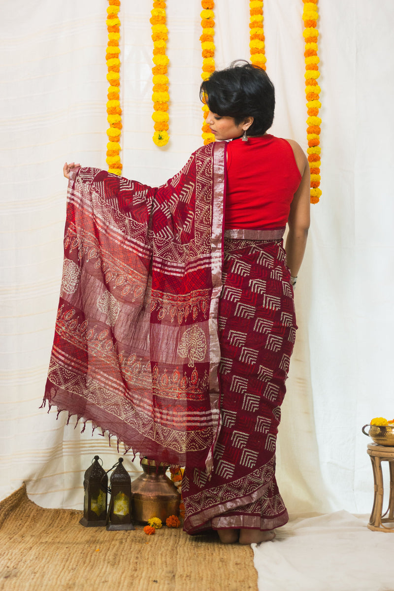 Linen Cotton Bagru Saree Crimson Chevron-8