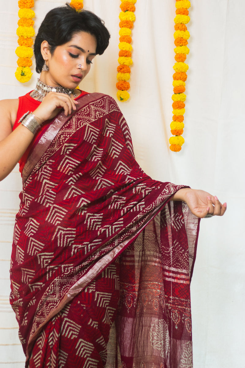 Linen Cotton Bagru Saree Crimson Chevron-9