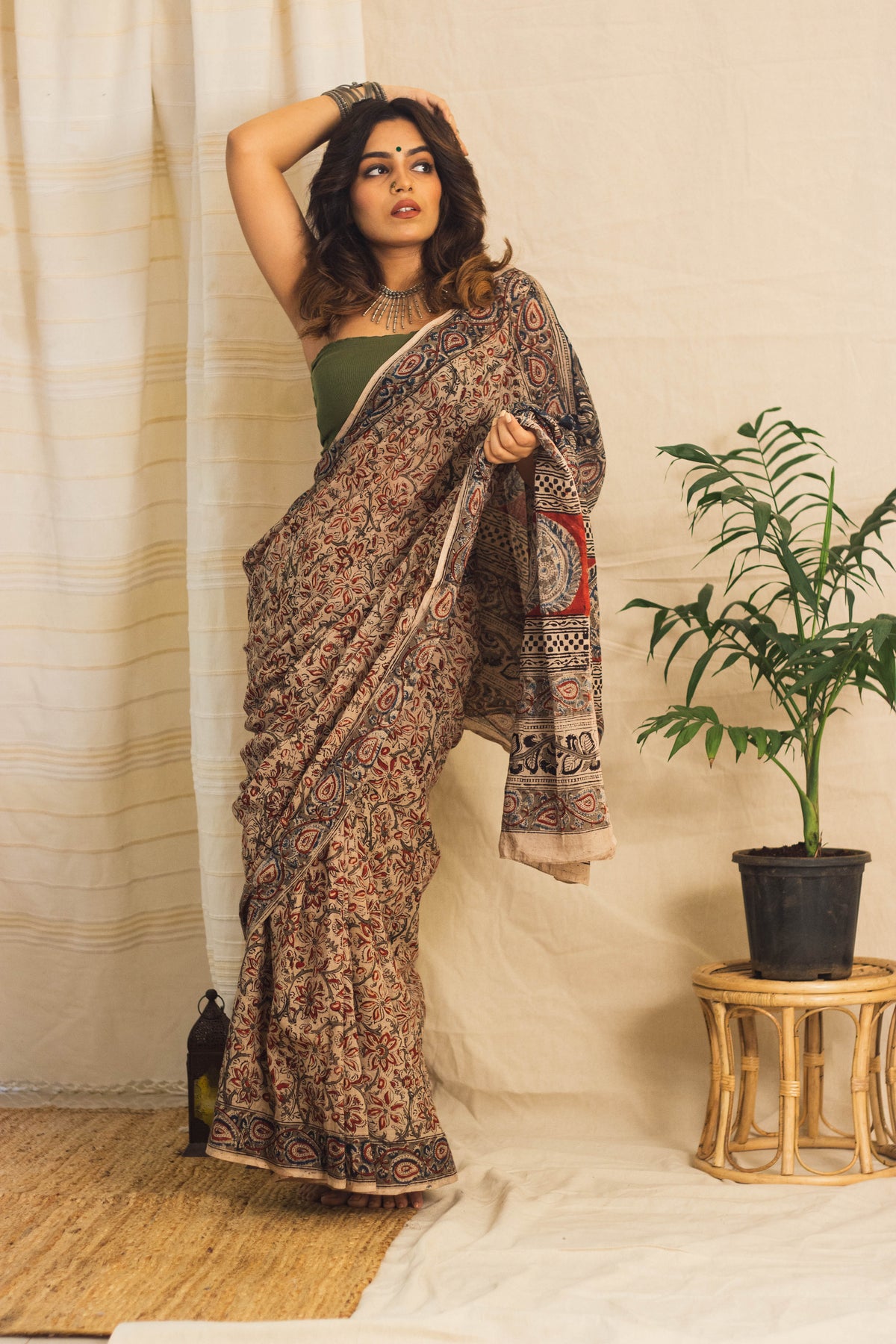 Mul Cotton Block Printed Saree • Kalamkari Beige Jaal-6