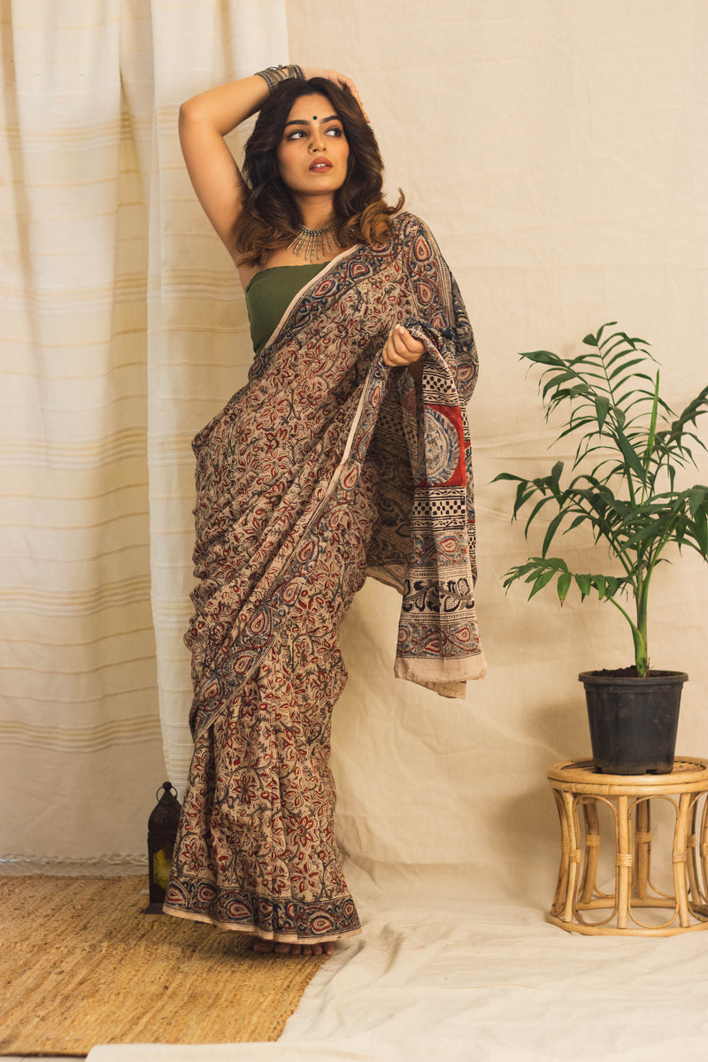 Mul Cotton Block Printed Saree • Kalamkari Beige Jaal-6