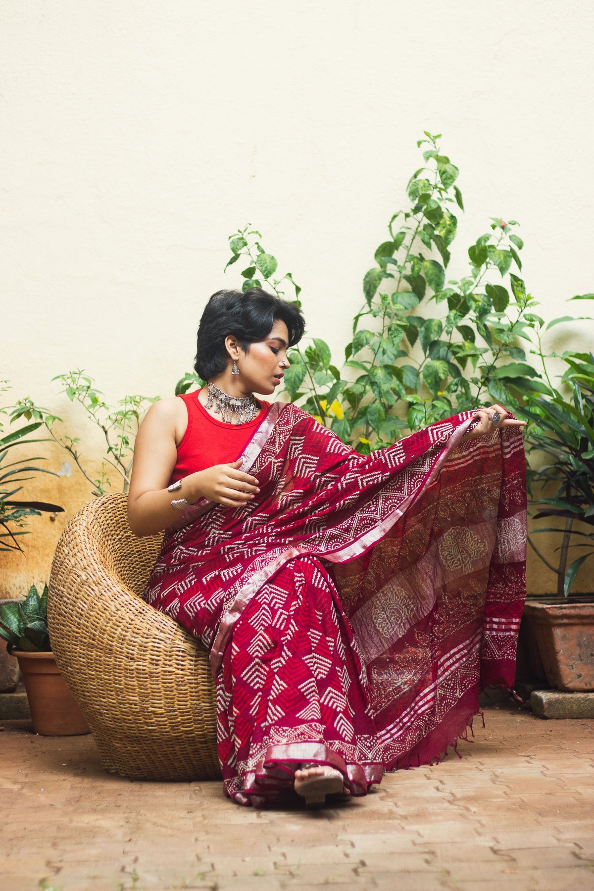 Linen Cotton Bagru Saree Crimson Chevron-3