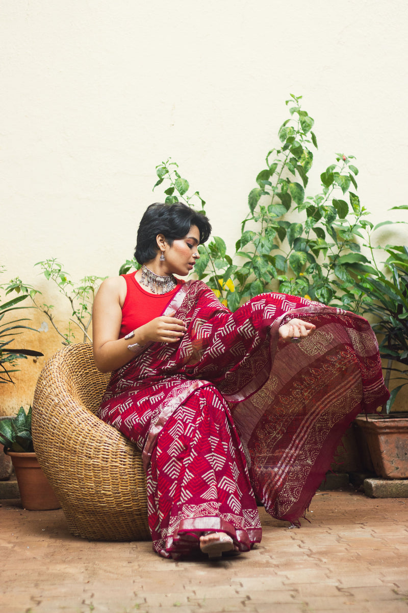 Linen Cotton Bagru Saree Crimson Chevron-10