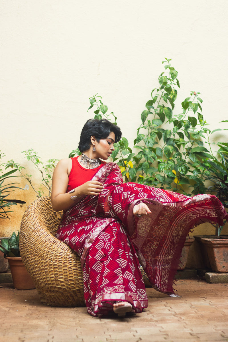 Linen Cotton Bagru Saree Crimson Chevron-11