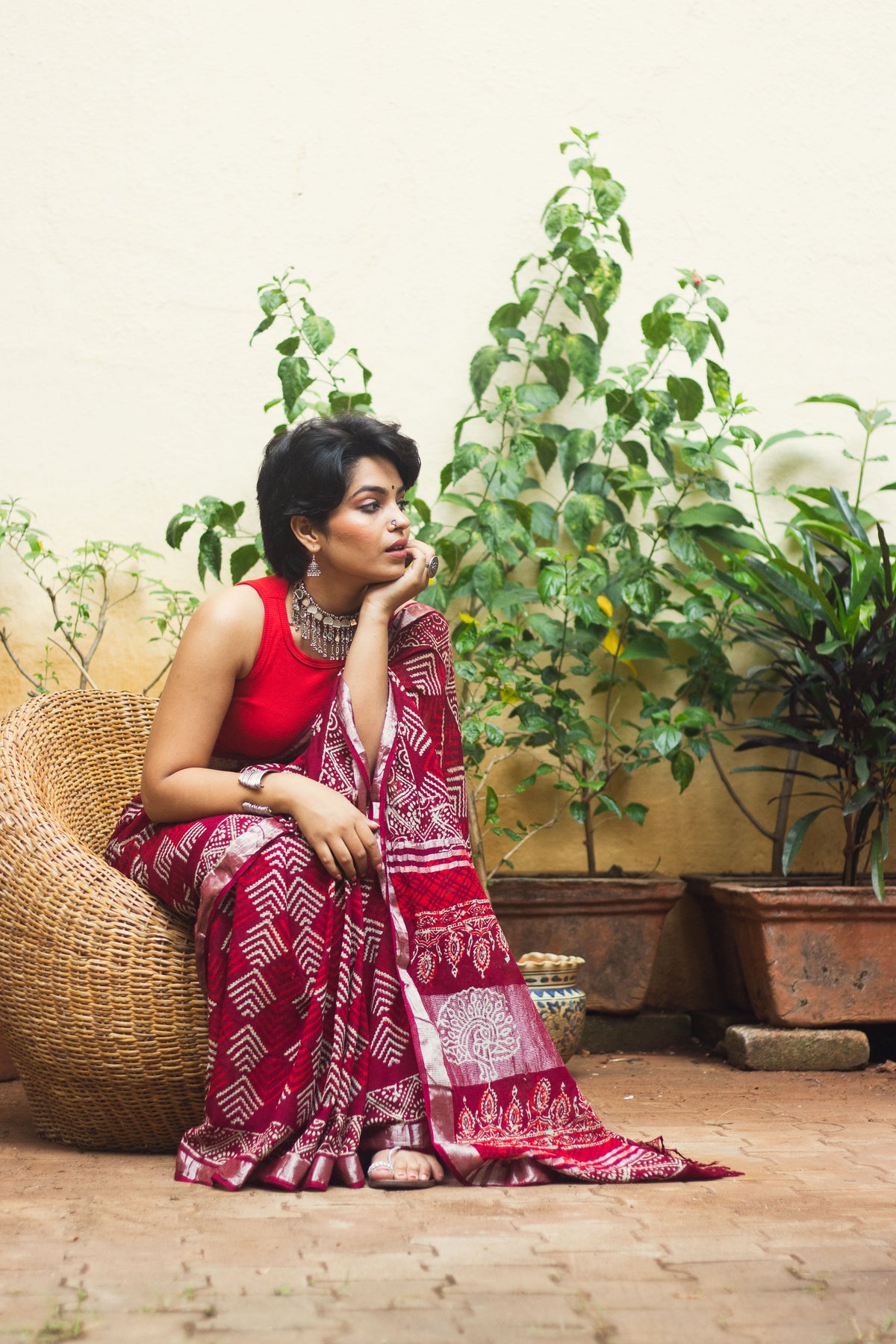 Linen Cotton Bagru Saree Crimson Chevron-12