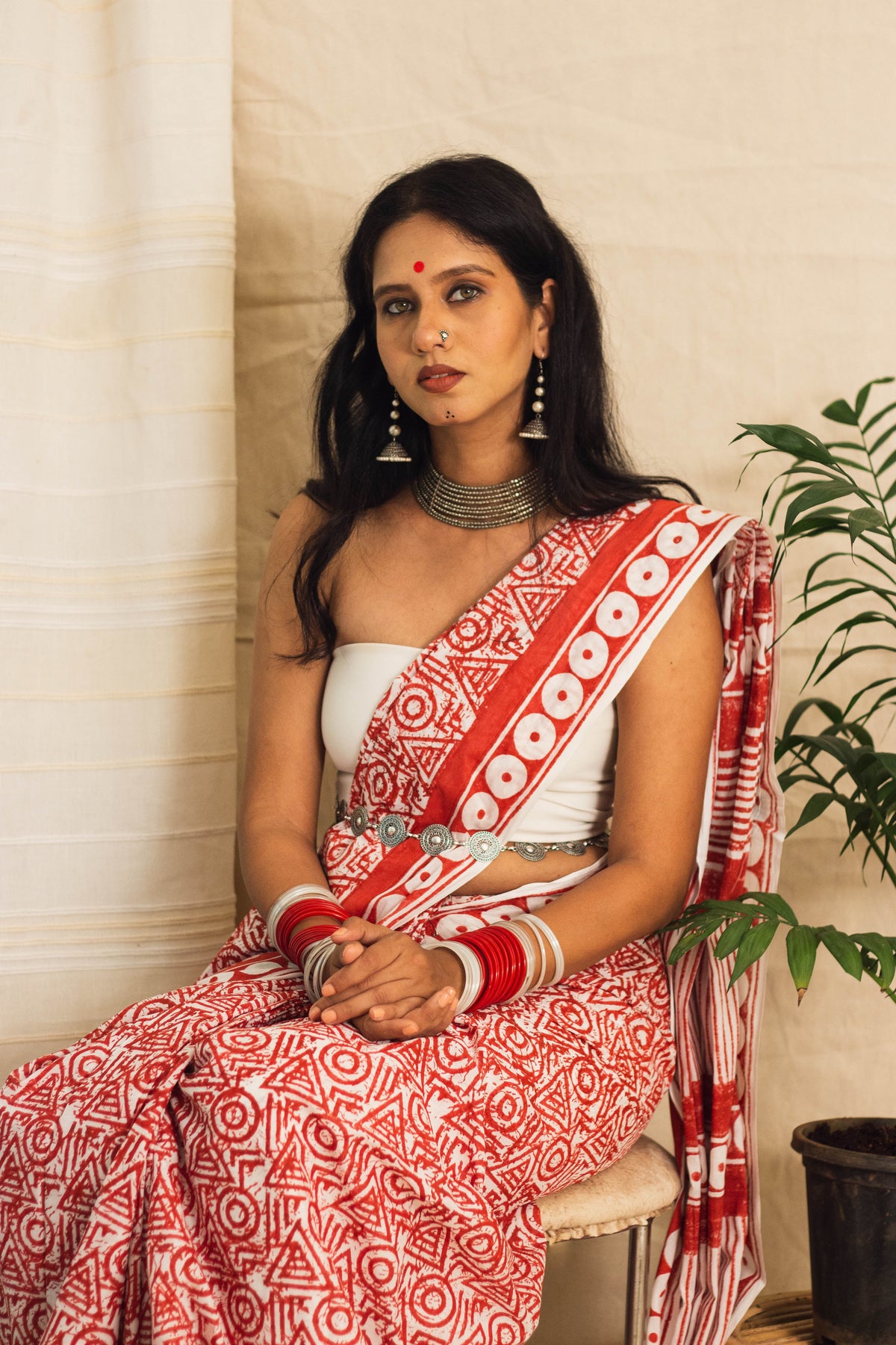 Mul Cotton Block Printed Saree • Geometry Box Red-2