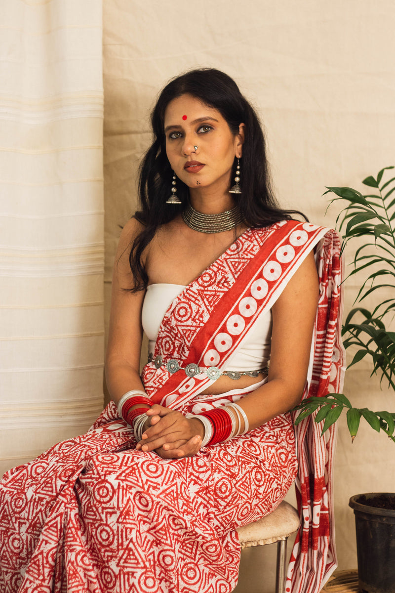 Mul Cotton Block Printed Saree • Geometry Box Red-2