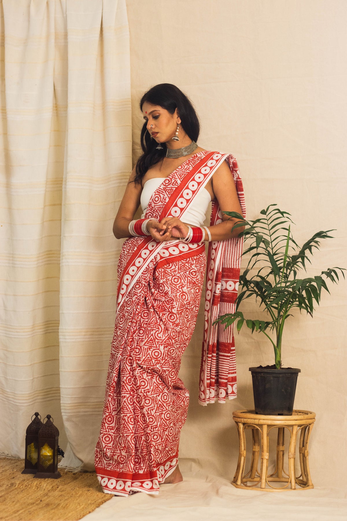 Mul Cotton Block Printed Saree • Geometry Box Red-4