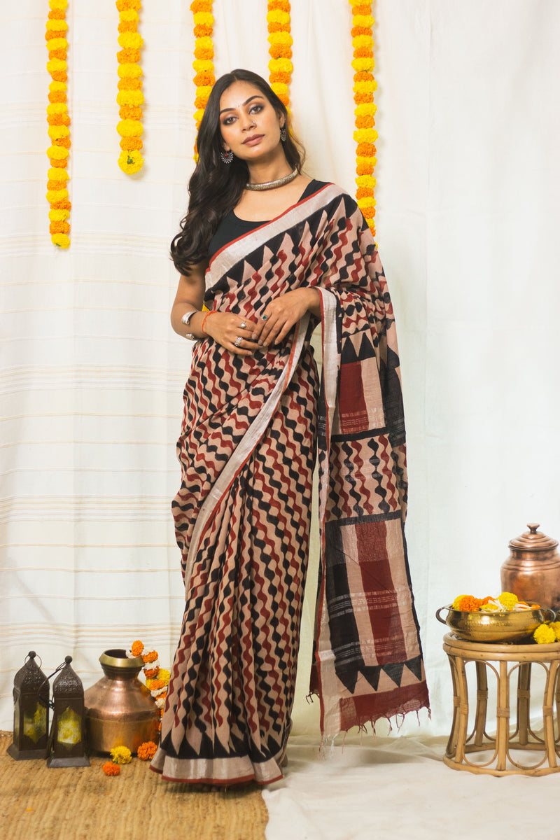Linen Cotton Bagru Saree Rustic Waves-1