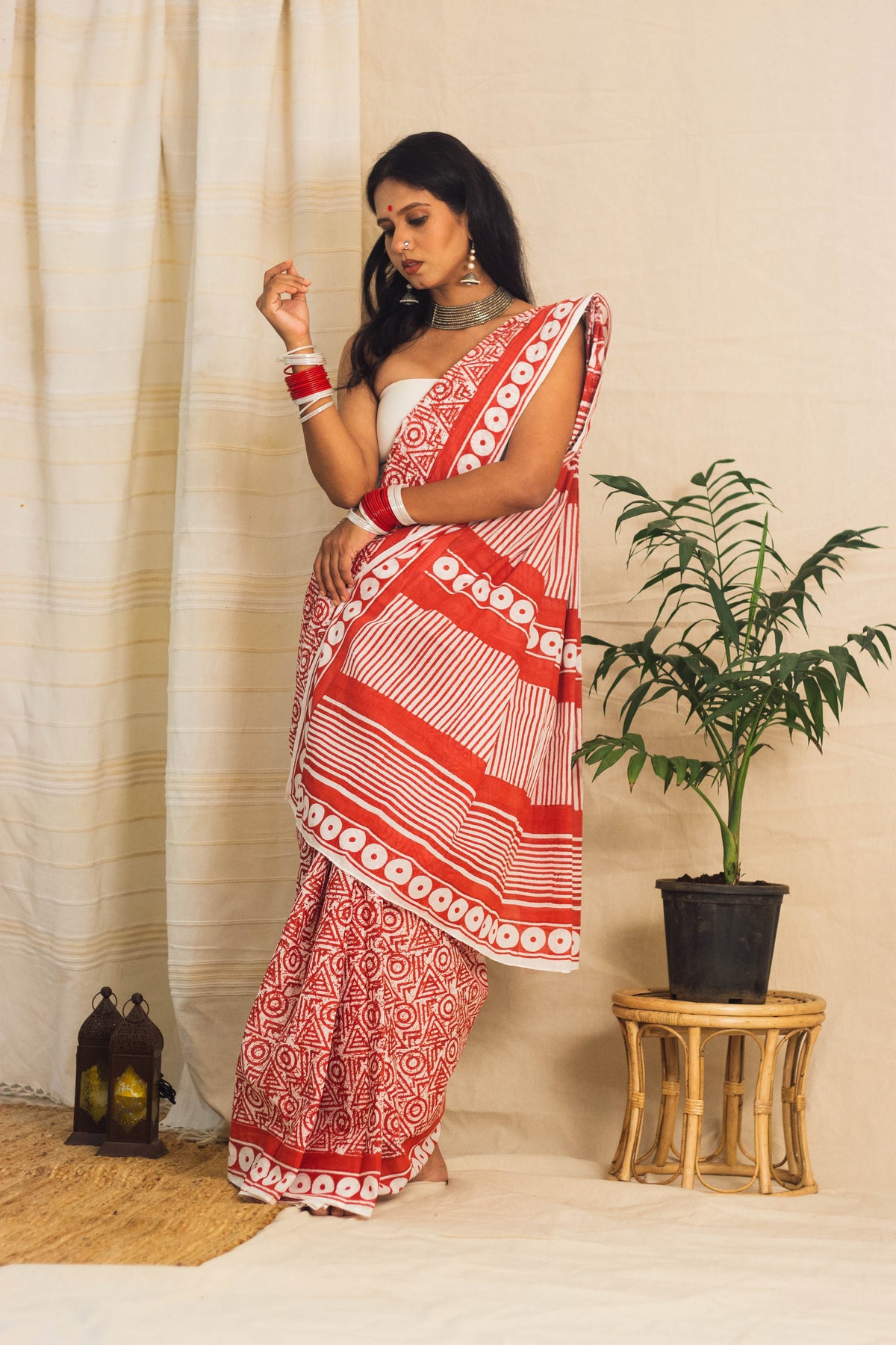 Mul Cotton Block Printed Saree • Geometry Box Red-5
