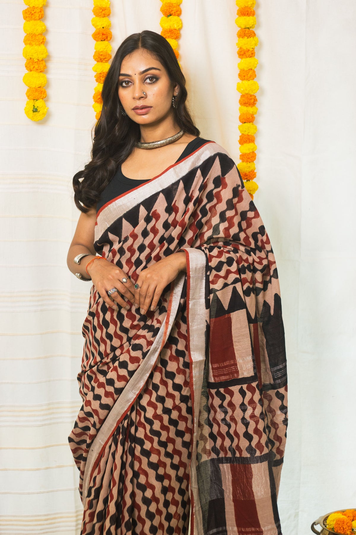 Linen Cotton Bagru Saree Rustic Waves-2